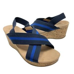 Life Stride | Dream Big Women Navy Blue Woven Fabric Straps Cork Wedge Sandals